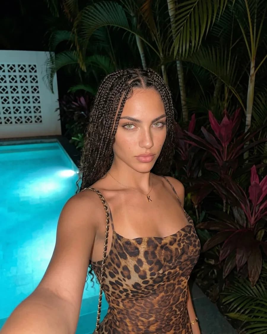 Night selfie of Katy by the pool